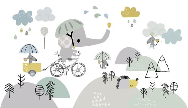 کاغذ دیواری کودکان فیل روی دوچرخه نقاشی کودکان