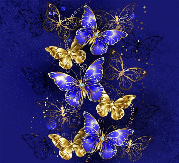 ترکیب پروانه های یاقوت کبود مجلل و جواهرات طلا در زمینه بافت آبی