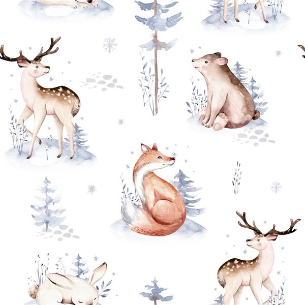 آبرنگ الگوهای زمستانی گوزن با حنایی خرگوش جغد پرندگان خرس در زمینه سفید مجموعه حیوانات روباه جنگلی وحشی و سنجاب تصویر زمستانی نقاشی شده با دست