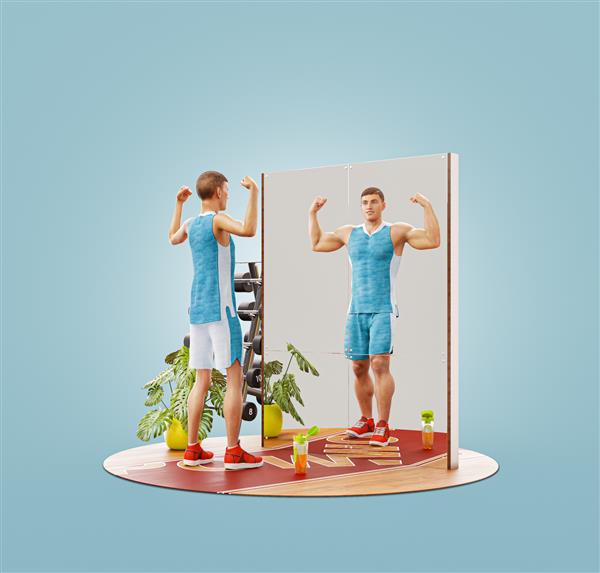 تصویر سه بعدی غیرمعمول از مرد جوان لاغر که در آینه نگاه می کند و خود را به عنوان بدنساز عضلانی تصور می کند مفهوم ورزش انگیزشی