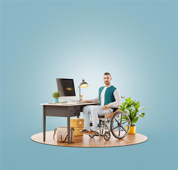 تصویر سه بعدی غیرمعمول از فرد معلول روی صندلی چرخدار در دفتر کار روی رایانه کار می کند او خندان و مشتاق جریان کار است