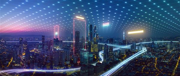 شهر هوشمند و اتصال الگوی چند ضلعی انتزاعی با نور خط سرعت مفهوم فناوری اتصال داده بزرگ