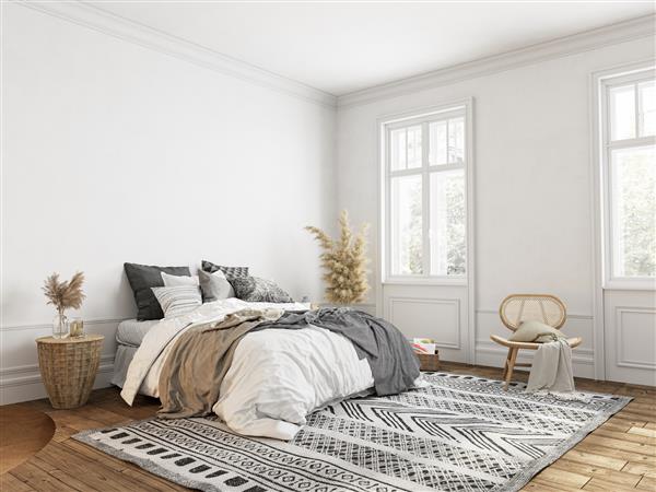 اتاق خواب سفید با دکوراسیون سبک کلاسیک اسکاندیناوی ماکت تصویر رندر سه بعدی