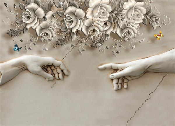 کاغذ دیواری سه بعدی مجسمه دست با گل