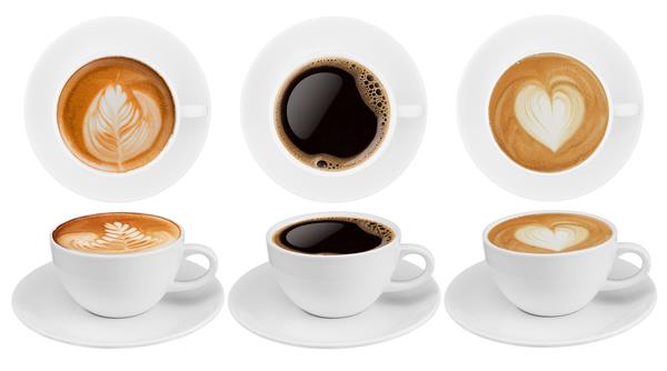 مجموعه فنجان قهوه نمای بالا و نمای جانبی مجموعه فنجان قهوه با مجموعه علائم شکل جدا شده در پس زمینه سفید ذخیره با مسیر برش