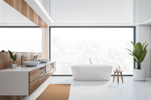 حمام چوبی و سفید با وان نمای جلو پنجره بزرگ با کف دست در فضای باز حمام مدرن مینیمالیستی با سینک و آینه روی کف کاشی‌کاری‌شده سفید رندر سه‌بعدی بدون مردم