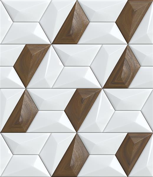 تصویر سه بعدی کاغذ دیواری هندسی مدرن کاشی های سفید با دکور چوبی گردویی بافت واقعی بدون درز