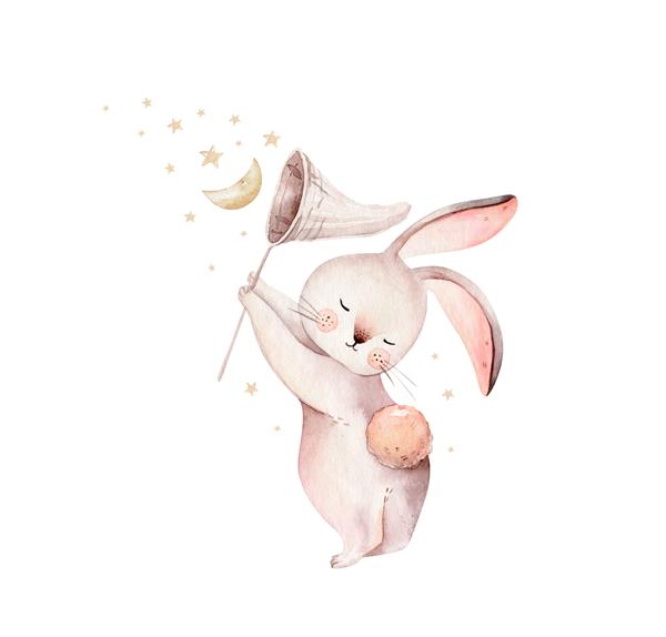 ست عید پاک آبرنگ با طرح بچه خرگوش تصویر بچه های اسم حیوان دست اموز خرگوش جدا شده روی سفید کارتون عید پاک تزیین حیوان خرگوش جنگلی با دست کشیده شده است طراحی پوستر مهد کودک