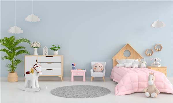 فضای داخلی اتاق خواب کودک آبی با فضای آزاد برای ماکت رندر سه بعدی