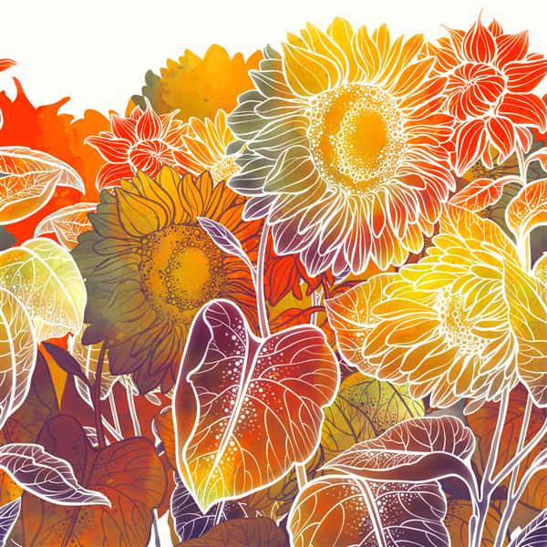 گل برگ جوانه های گل آفتابگردان مرز بدون درز خطوط دیجیتال تصویر کشیده شده با دست با بافت آبرنگ آثار هنری ترکیبی موتیف بی پایان برای دکور پارچه و طراحی طبیعی