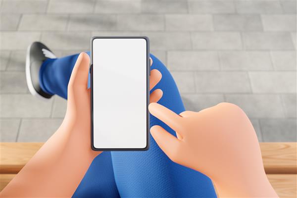 دست شخصیت کارتونی که تلفن هوشمند را روی نیمکت در فضای باز نگه می دارد صفحه ماکت سفید سفید تصویر رندر سه بعدی