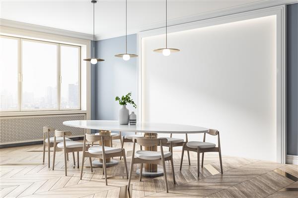 پانل دیواری سفید در اتاق غذاخوری به سبک اکو با میز سفید صندلی های چوبی در اطراف پارکت و نمای شهر دودی رندر سه بعدی ماکت
