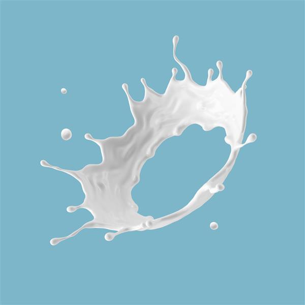 رندر سه بعدی نمای پرسپکتیو تاج پاشش شیر گرد کلیپ هنر مایع انتزاعی جدا شده در پس زمینه آبی حلقه پاشیدن رنگ سفید
