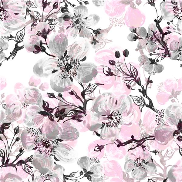الگوی بدون درز گل انتزاعی کشیده شده شکوفه شاخه بهاری چاپ با بافت برتر برای سطوح منسوجات و طراحی