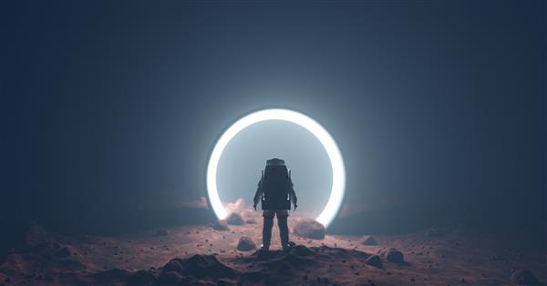 فضانورد در سیاره خارجی در مقابل نور پورتال فضا-زمان علمی تخیلی کاوش جهان رندر سه بعدی