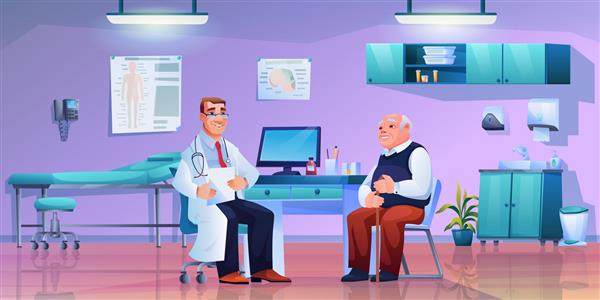 مرد در مشاوره با متخصص طب سالمندی داخلی مطب کابینت پزشکان فوق تخصص مرد و پزشک عمومی با گوشی پزشکی و لیست مبلمان مدرن تخت طبی