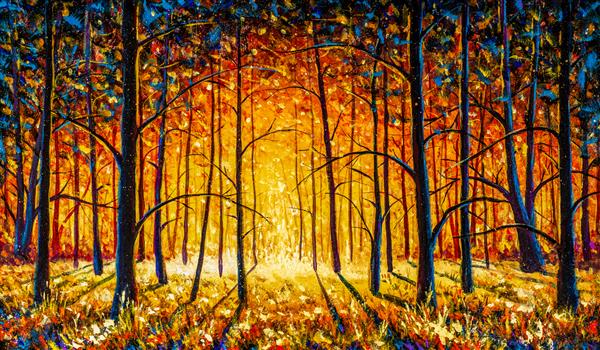 پانوراما نارنجی پاییز آفتابی پارک گرم کوچه جنگل نقاشی رنگ روغن اصلی منظره جنگل درختی هنر زیبا مدرن