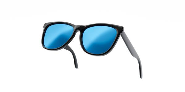 عینک آفتابی مد مشکی و اپتیک لنز آبی جدا شده روی پس‌زمینه سفید با طراحی لوازم جانبی مدرن رندر سه بعدی