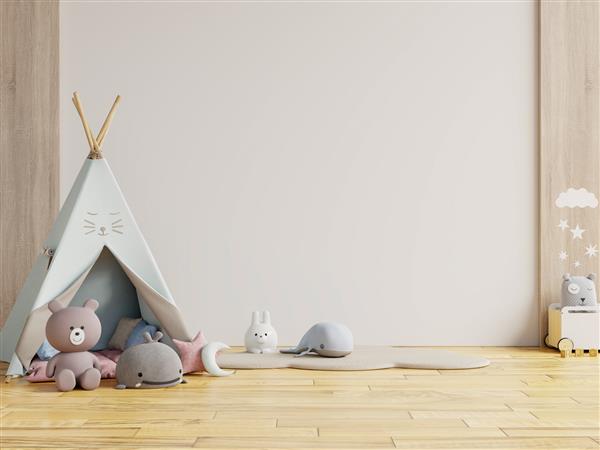 اتاق بازی کودکان با دیوار سفید چادر و میز عروسک رندر سه بعدی