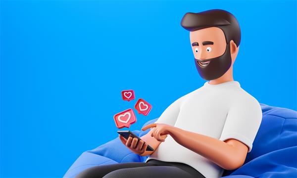 مرد شخصیت ریش کارتونی از گوشی هوشمند با نمادهای قلب مشابه روی پس زمینه آبی استفاده می کند مفهوم اینفلوئنسر شبکه های اجتماعی تصویر رندر سه بعدی