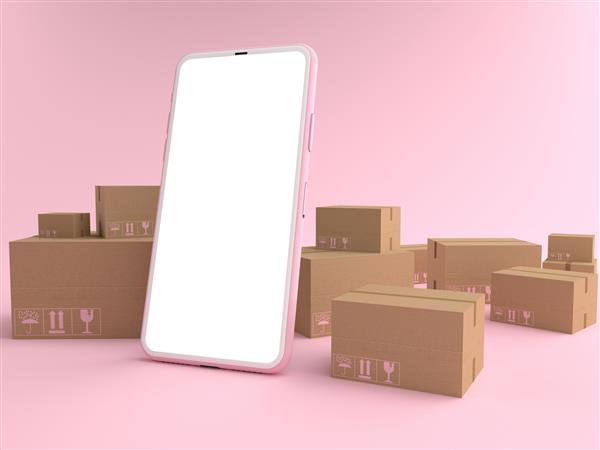 رندر سه بعدی از صفحه نمایش سفید گوشی هوشمند با انواع جعبه مقوایی و جعبه در اندازه های مختلف احاطه شده است مفهوم پول تجارت در تلفن همراه مفهوم تحویل آنلاین جدا شده در پس زمینه صورتی