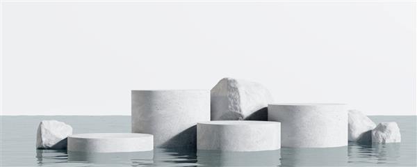 تریبون سنگ سفید پایه محصولات نمایشگر لوازم آرایشی با پس زمینه انعکاس آب رندر سه بعدی