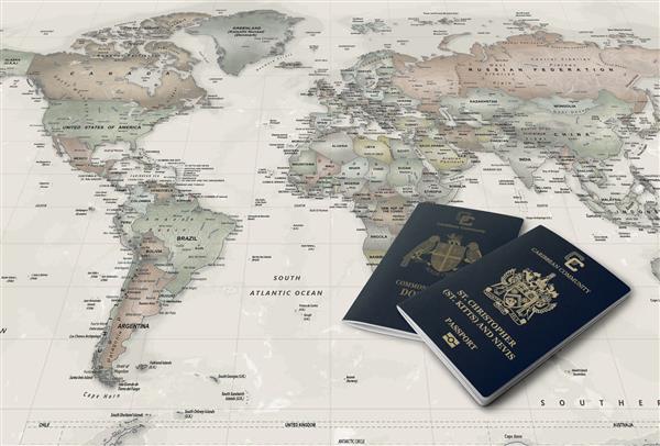 پاسپورت سنت کیتس و نویس و پاسپورت دومینیکا بر روی نقشه جهان