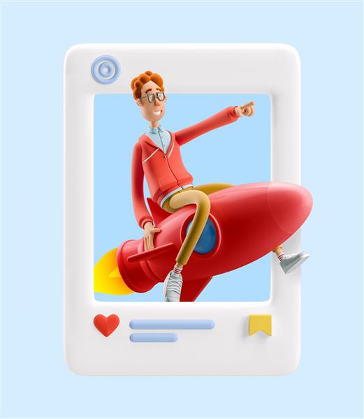 تصویر سه بعدی مفهوم رسانه های اجتماعی Nerd Larry در حال پرواز بر روی یک موشک است