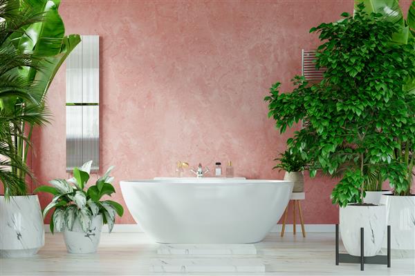 طراحی داخلی حمام مدرن روی دیوار رنگ قرمز تیره رندر سه بعدی