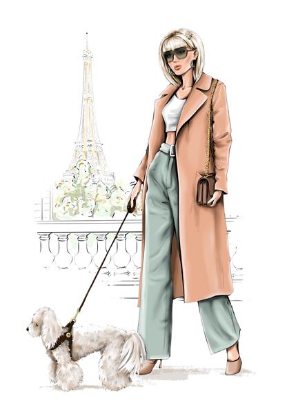 دختر مو بلوند زیبا با سگ دختر مد با پس زمینه برج ایفل زن شیک پوش با کت در شهر پاریس