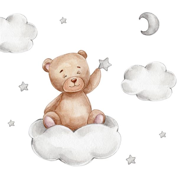 خرس عروسکی زیبا با ستاره روی ابر می نشیند تصویر کشیده شده با آبرنگ می توان برای حمام نوزاد یا پوستر بچه استفاده کرد با زمینه سفید جدا شده
