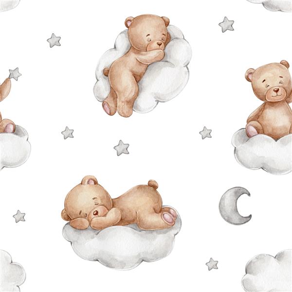 الگوی بدون درز با خرس های عروسکی روی ابرها ماه و ستاره ها تصویر کشیده شده با آبرنگ با زمینه سفید جدا شده