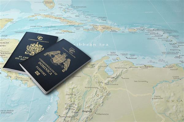 پاسپورت دو ایالت کارائیب سنت کیتس و نویس و دومینیکا بر روی نقشه دریای کارائیب