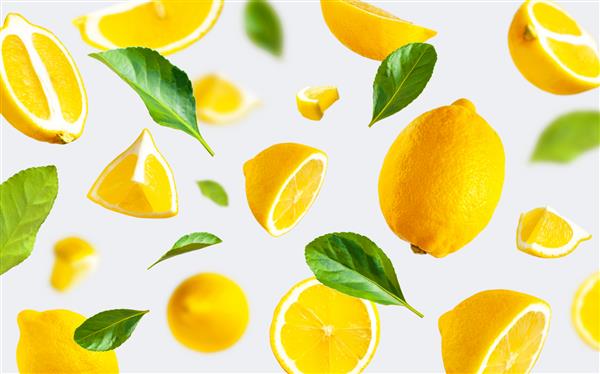لیموهای زرد پرنده آبدار برگهای سبز در پس زمینه خاکستری روشن مفهوم غذای خلاقانه مرکبات میوه‌های ارگانیک گرمسیری ویتامین C برش‌های لیمو الگوی پس‌زمینه میوه‌های روشن مینیمالیستی تابستانی