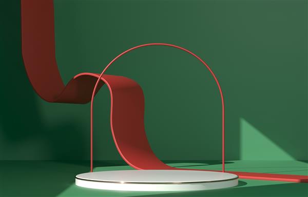 تریبون پایه گرد نمایشگاهی تصویر رندر سه بعدی استند برای محصولات آرایشی و بهداشتی ترکیب هندسی - معماری سکوی پایه سفید با قاب قرمز پس زمینه طبیعی سبز