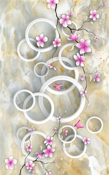 تصویر گیاه گل های صورتی زیبا روی الگوی حلقه سفید تزئینی روی کاغذ دیواری سه بعدی پس زمینه طرح تزئینی آثار هنری مدرن گرافیکی