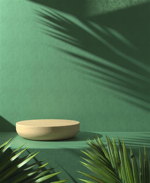 مفهوم طبیعت نمایشگر سکوی چوبی مینیمال با سایه نور خورشید برگ نخل روی دیوار بتنی سبز پس زمینه انتزاعی رندر سه بعدی