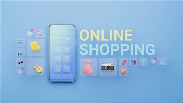 وب سایت خرید آنلاین برنامه تلفن همراه فروشگاه بازاریابی دیجیتال بر روی صفحه نمایش گوشی هوشمند ویترین نمایش نماد رندر سه بعدی