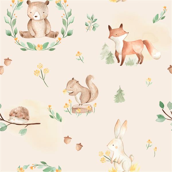 طرح بدون درز آبرنگ بچه حیوانات جنگل جنگل با خرس روباه و خرگوش