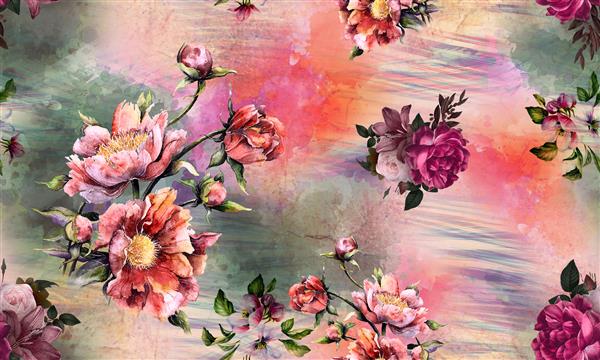کاغذ دیواری طرح پارچه چاپ دیجیتال گل رنگارنگ با پس زمینه آبرنگ-تصویر
