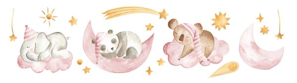 تصویر آبرنگ حیوانات خوابیده برای مهد کودک با فیل پاندا کوالا در آسمان ابرها ستاره ها و ماه به رنگ صورتی