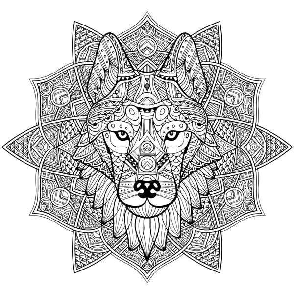 سر گرگ طرح دار هاسکی سگ تصویر قومی انتزاعی از سر یک گرگ با زیور زیور آلات سیاه و سفید با دست نقاشی شده است حیوان به سبک قومی برای چاپ نقوش هندی مکزیکی