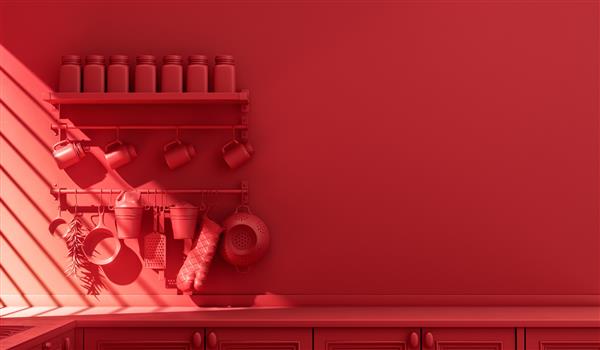 کمد آشپزخانه قرمز دیواری با ظروف آشپزخانه روزمره در داخل آشپزخانه تک رنگ قرمز تک رنگ با میز زیر نور آفتاب گرم صبحگاهی صحنه رنگی تخت رندر سه بعدی