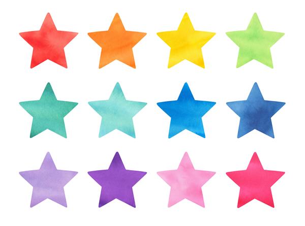 مجموعه تصویری آبرنگ از ستاره های انتزاعی رنگارنگ با رنگ های مختلف آبرنگ دستی برش عناصر کلیپ‌پارت برای طراحی خلاقانه الگو کتاب‌خوانی دعوت‌نامه حمام نوزاد