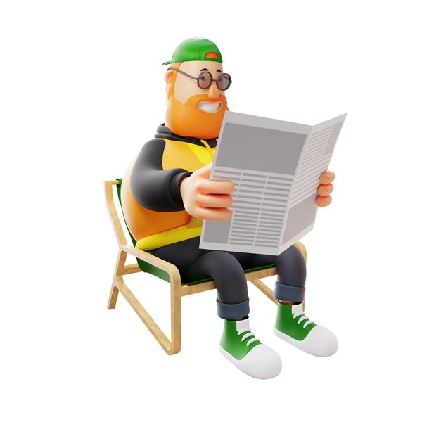 تصویر کارتونی مرد سه بعدی بزرگ در حال خواندن روزنامه