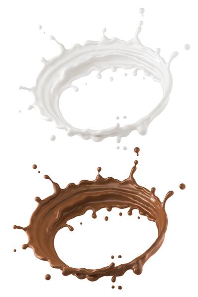 شیر گرد دایره پاشیدن شیر شکلاتی جدا شده در پس زمینه سفید با مسیر برش تصویر سه بعدی