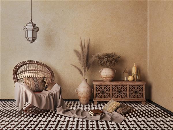 فضای داخلی عربی به سبک اسلامی صندلی حصیری میز چراغ گلدان های گل خشک با دیوار قهوه ای و کاشی کف طرح دار رندر سه بعدی