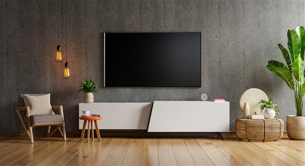 کابینت ماکت یک دیوار تلویزیون نصب شده در یک اتاق سیمانی با یک دیوار چوبی رندر سه بعدی