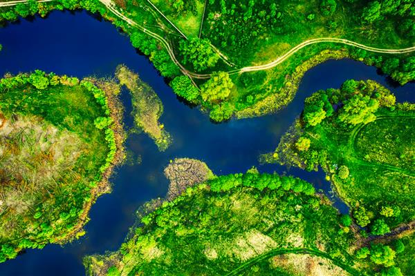 منظره هوایی دریاچه آبی در میدان سبز نمای بالای پس زمینه طبیعت زیبا از پهپاد منظره تابستانی فصلی با فضای کپی