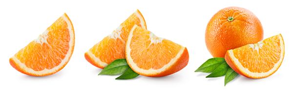 جدایه برش پرتقال برش های میوه پرتقال و یک کل با برگ در زمینه سفید اورنگ با عمق میدان کامل